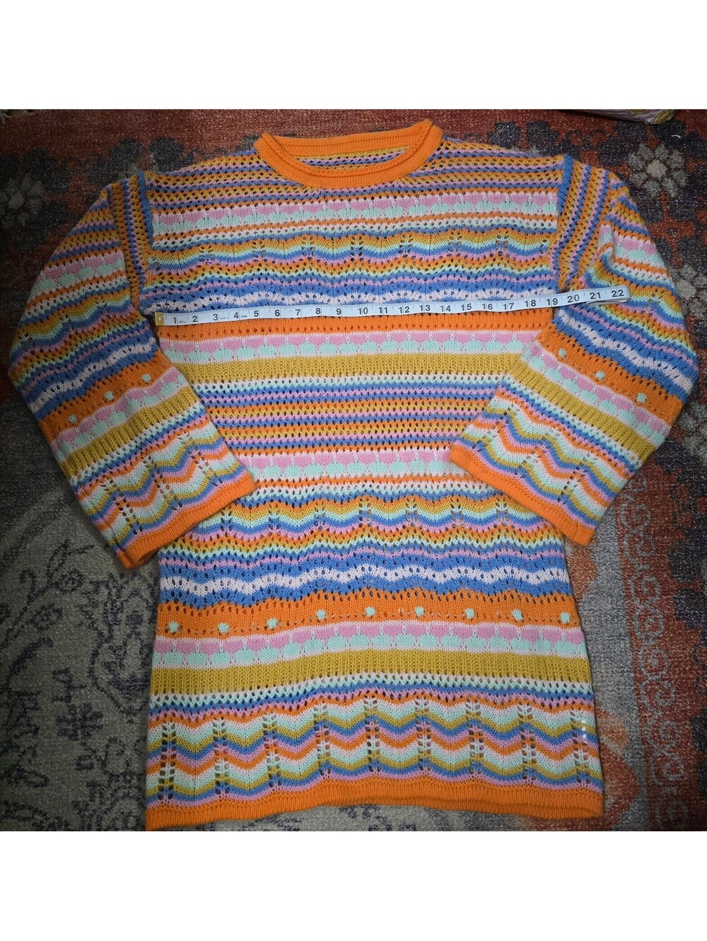 Vintage 70s Style Zig Zag Open Knit Chevron Tunic Sweater Multi-Color Pastel
